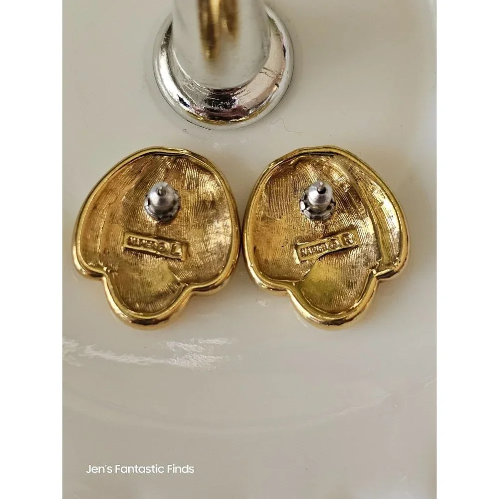 Napier White Enamel Gold Toned Post‎ Left Right Earrings Vintage Rare